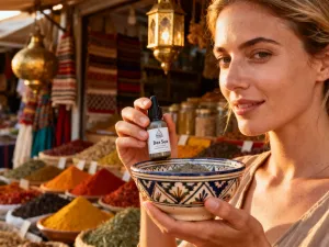 Uśmiechnięta kobieta trzymająca ceramiczną figurkę wiatraka na tle malowniczych kanałów Amsterdamu.