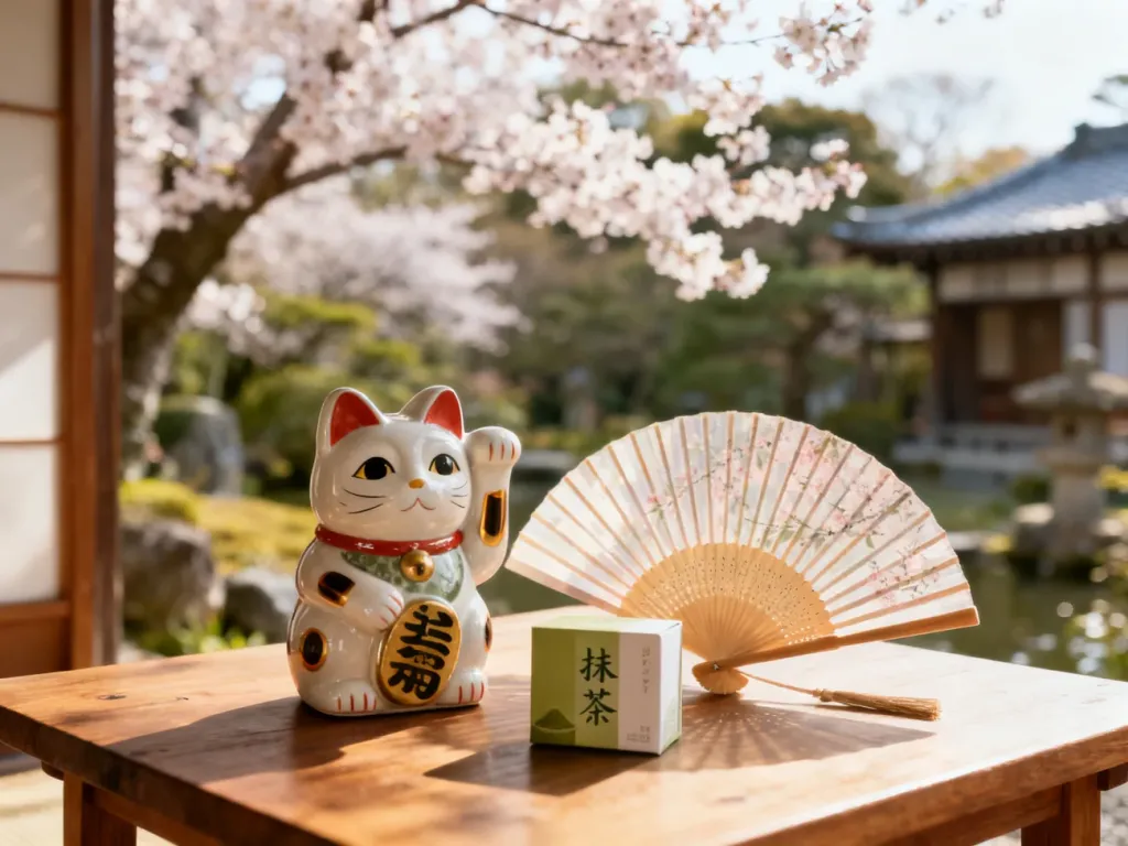 Japońskie pamiątki: figurka maneki-neko, wachlarz i herbata matcha na drewnianym stole w otoczeniu kwitnących wiśni.