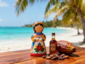 Tradycyjne meksykańskie pamiątki, takie jak figurka alebrije, tkanina i ceramiczny kubek na drewnianym stole.