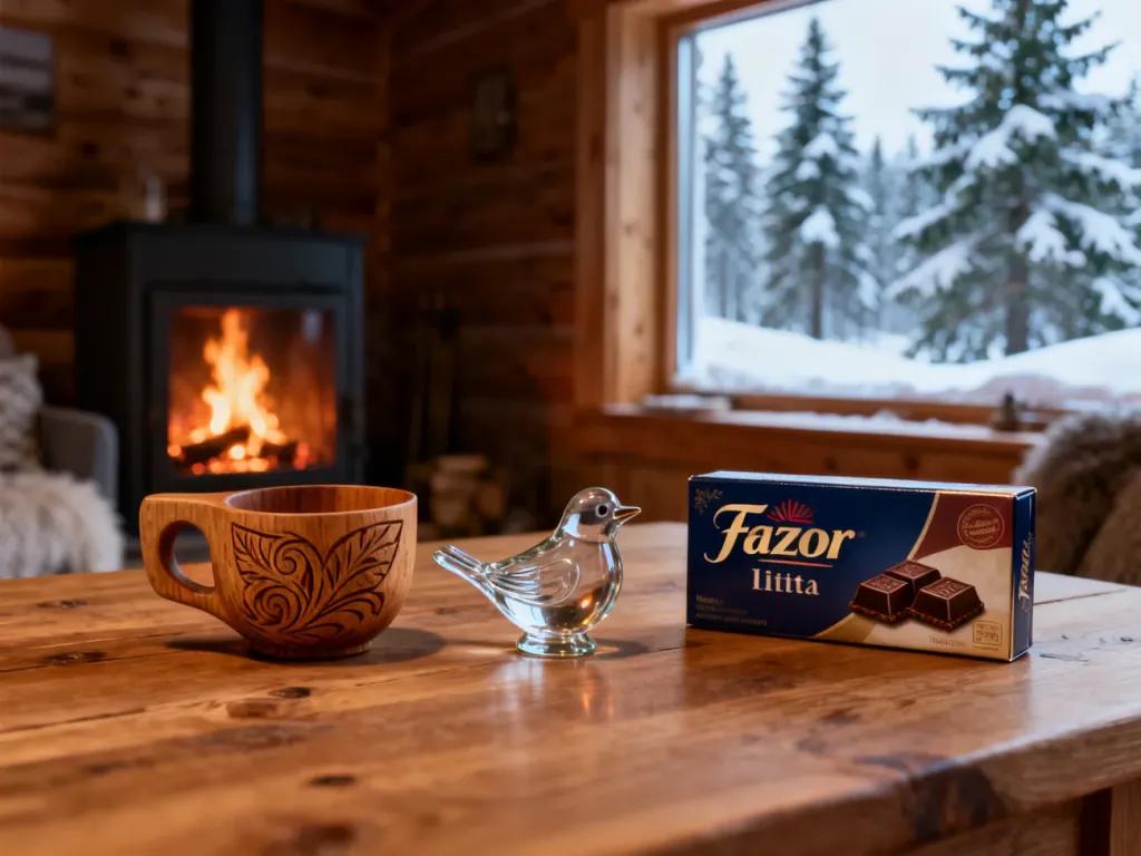 Drewniany kubek kuksa, szklany ptaszek Iittala i czekoladki Fazer na tle przytulnego fińskiego domku w zimowej scenerii.