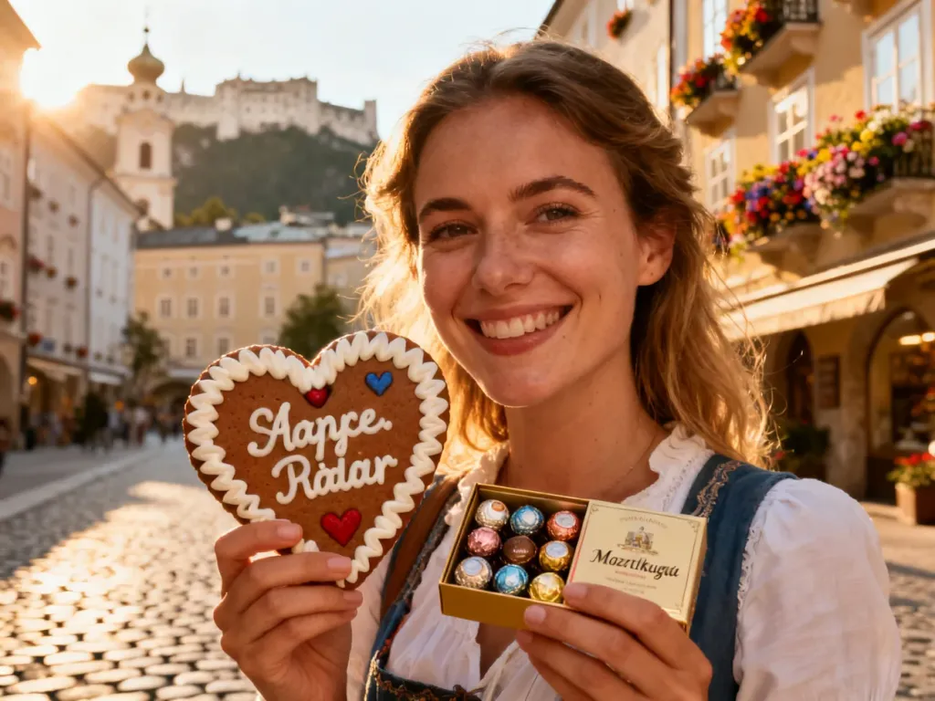 Uśmiechnięta kobieta trzyma austriackie piernikowe serce i czekoladki Mozartkugeln na tle zabytkowych ulic Salzburga.
